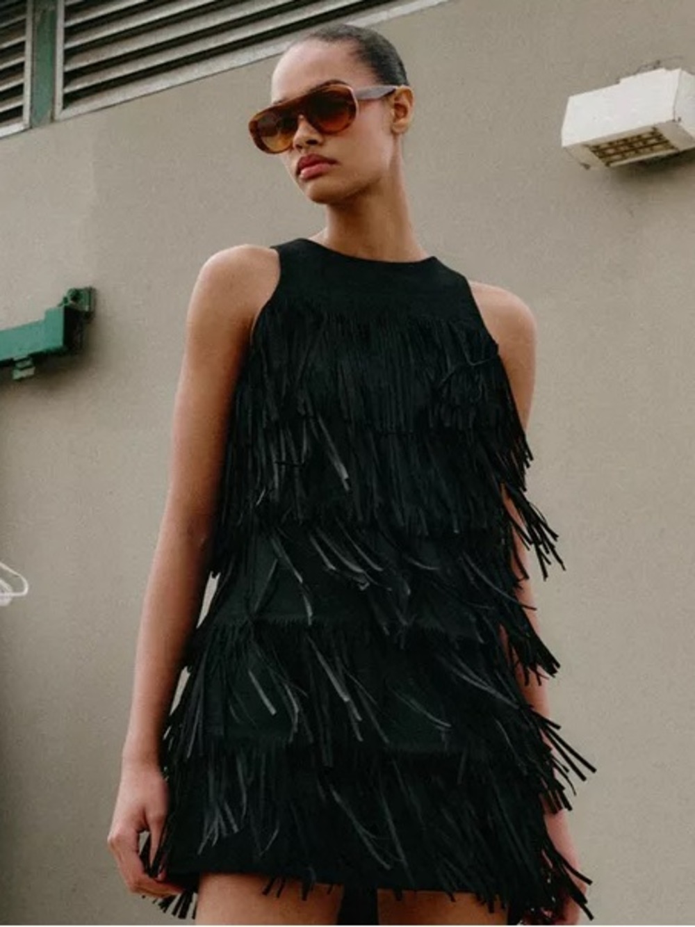 ZARA STUDDED FRINGED FAUX SUEDE DRESS